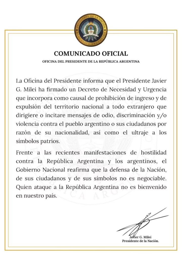 Milei firmó un DNU para impedir el ingreso y expulsar a extranjeros que promuevan odio contra argentinos